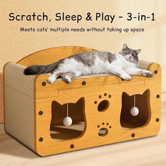 3-in-1 Scratcher Cat House – Save Your Furniture Combines Play Cave, Cozy Bed & Scratching Pad. Durable Cardboard, Reduces Stress. Ideal for Indoor Cats Who Love to Scratch, Play & Nap (MD-CAT1)