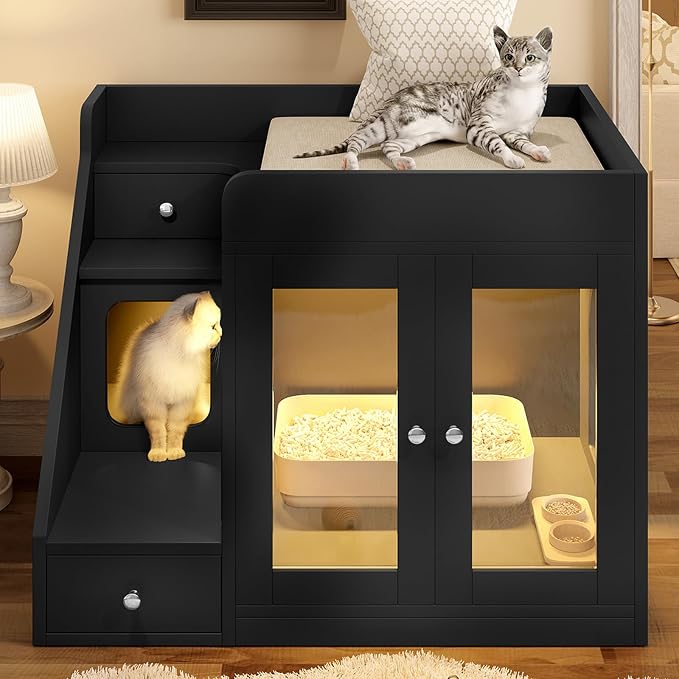 Cat Litter Box Enclosure with Light, Hidden Litter Box Furniture with 2 Storage Drawers & Smart Doors, Cat House Side Table for Living Room Entryway (Black)