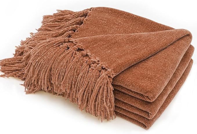 RECYCO Chenille Throw Blanket for Couch, 60"x80", Rust | Super Soft Knit Throw Blanket with Fringe Tassels, Lightweight Knitted Throw, Cozy, Ideal for Sofa Chair Bed Living Room Gift