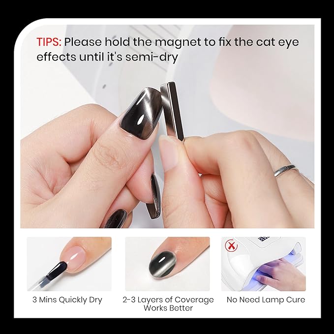 Black Cat Eye Nail Polish Non Gel, Magnetic Nail Polish Lacquer Quick Dry Shimmer Glitter Effect with Magnet Air Fast Dry Manicure DIY Salon 16ml/0.54 oz