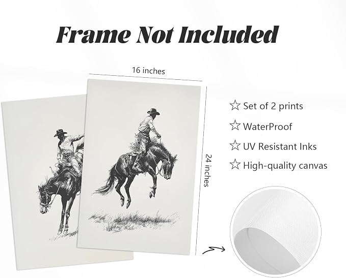 Western Cowboy Wall Art Decor Vintage Western Canvas Posters Retro Rodeo Prints Farmhouse Southwestern Pictures Cowboy Painting Antique Mid Century Artwork for Bathroom Bedroom 16x24x2 Inch Unframed