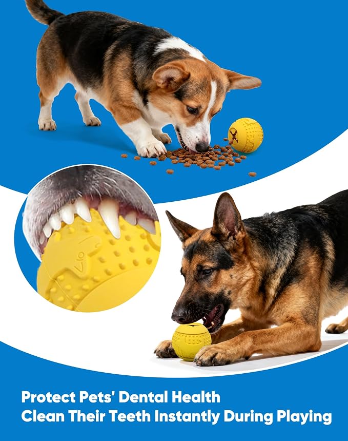 Deeow Rubber Dog Chew Toy Ball, Puzzle Feeder Pet Toy -3'' Yellow | Teething Puzzle Feeder Ball, Treat Dispenser Chew Toy, Rolling Rubber Dog Fetch Toy, Interactive Dental Care & Enrichment