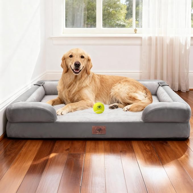 Waterproof Orthopedic Dog Bed for Extra Large Sized Dogs | Memory Foam Pet Bed Sofa with Bolster, Dog Couch with Washable Cover & Non-Slip Bottom, 45x35 Inch, Grey