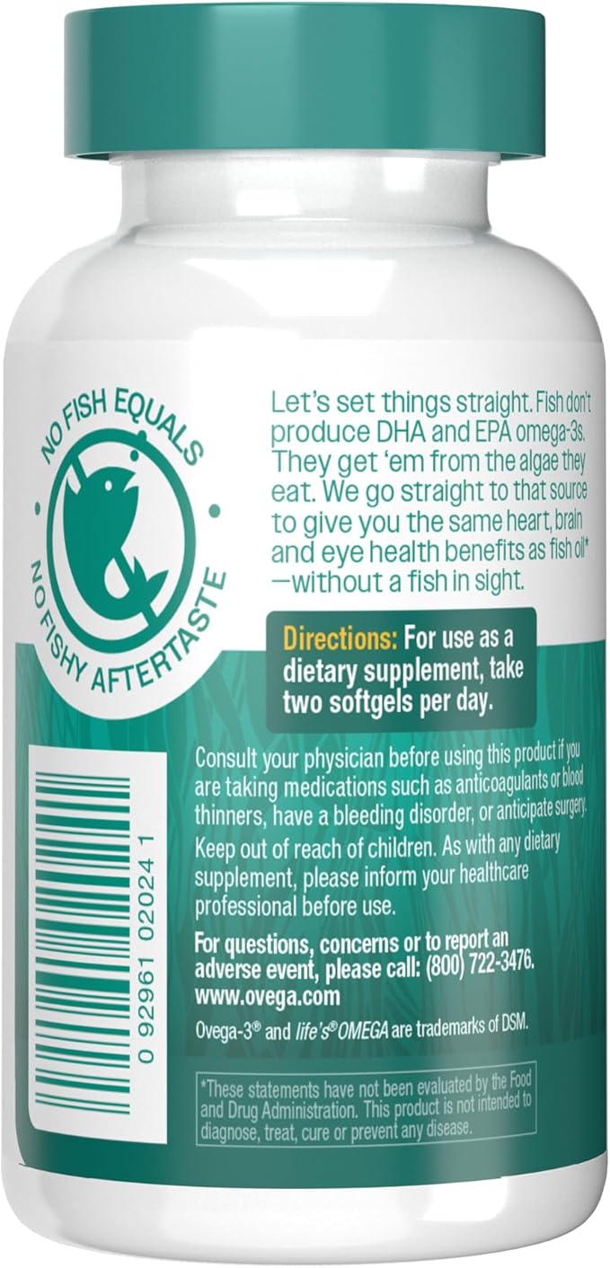 OVEGA-3 Plant-Based Omega-3 from Algal Oil Daily Supplement, 500mg, Supports Brain, Eye & Heart Health, Two Mini softgels per Day, 60 Count (Pack of 2)