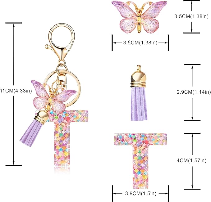 Fashion Alphabet Initial Letter Keychain Tassel Butterfly Pendant Key Ring for Purse Handbags Women Girl