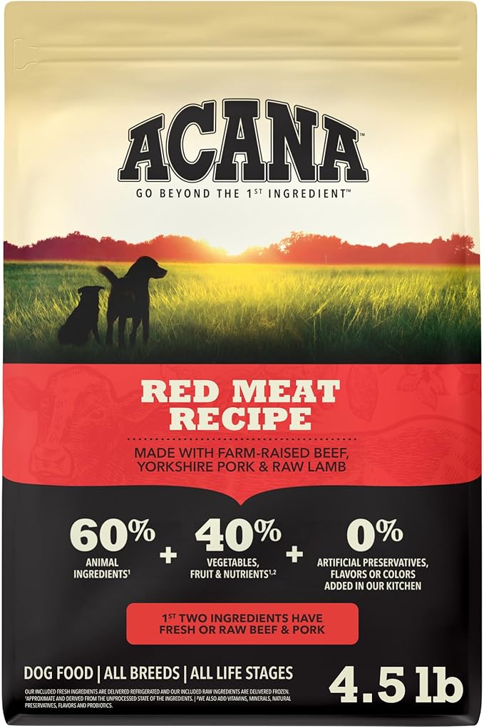 ACANA Grain Free Dry Dog Food Red Meat Recipe 4.5lb Bag | Freeze Dried, Grain Free, High Protein, Made in the USA, Omega-3 Fatty Acids, Digestive Health, Global Quality Ingredients