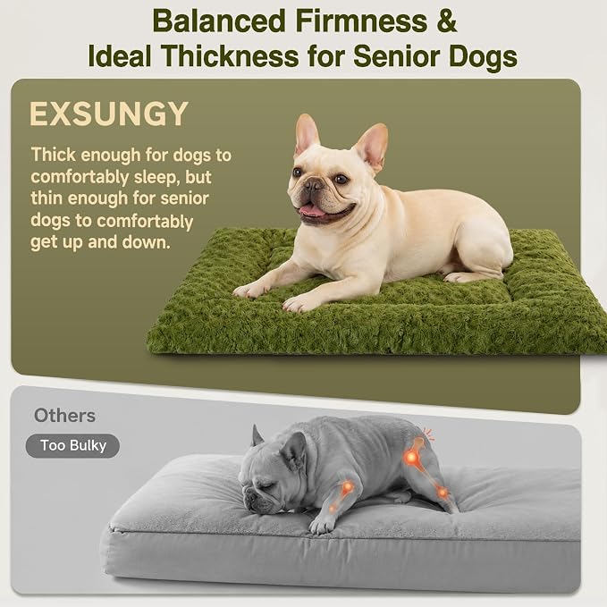 Exsnugy Washable Dog Bed Mat Large Size Fluffy Pet Crate Pad 48x30 XXL | Non-Slip Bottom Kennel Beds Ultra Soft Comfy Sleeping Mattress for Large Medium Small Dogs Green