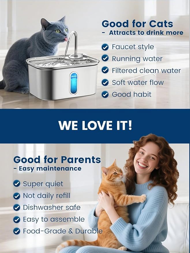 Cat Water Fountain Stainless Steel for Cats Indoor 2.5L 85oz by BPA-Free SUS304, Effective 6-Layer Filter Cat Fountain for Drinking 20dB Ultra Quiet Metal Pet Water Fountain (Fountain+4 Filters)