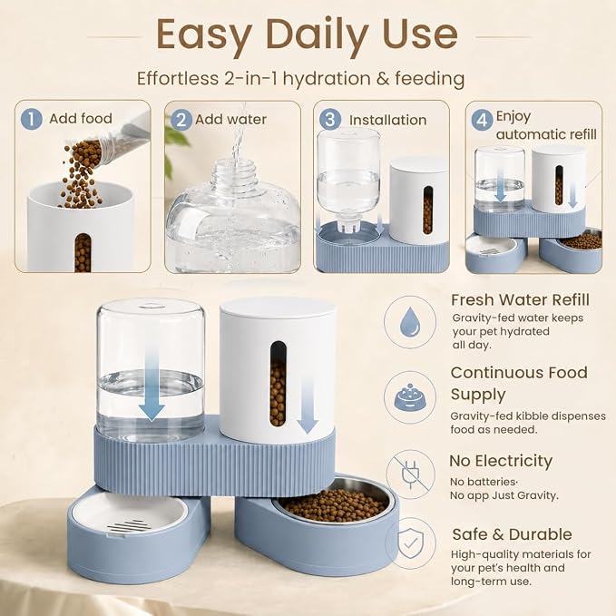 Gravity Cat Feeder 2 Pack Automatic Food Feeder Stainless Steel Water Dispenser Set 360 Degree Rotatable Pet Bowls with Silicone Mat for Cats Small Medium Dogs, Large Capacity(Blue)