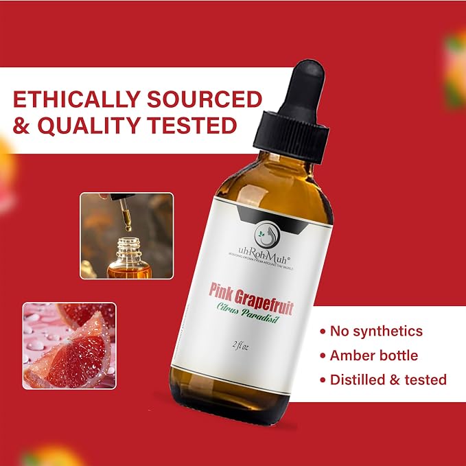 Pink Grapefruit Essential Oil Cold Pressed Citrus Paradisi Peel Oil Fresh Citrus Aroma Top Note Essential Oil for Aromatherapy Diffuser Skincare Haircare and Natural DIY Cosmetic Blends - 2 Fl oz