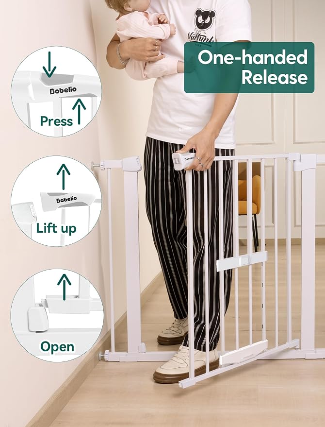 Babelio Baby Gate with Cat Door, CatPrivilege II, 29-40" | Auto Close, 6-Level Adjustable Metal Gate with Pet Door for Stairs & Doorways, Pressure Mounted, No Drilling, White