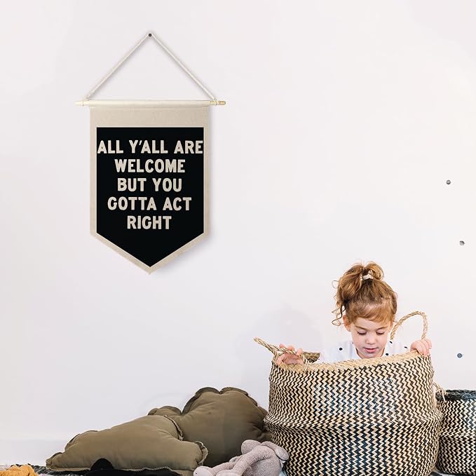 Qpenm All Are Welcome Hanging Wall Canvas Banner,Welcome Hanging Pennant Flag Prints,Funny Posters & Prints Canvas Banner,Funny Classroom Home Living Room Office Wall Art Decor