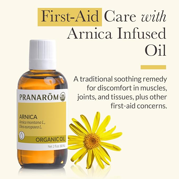 Pranarom - 2 Pack - USDA Certified Organic French Arnica Virgin Plant Oil - 2 fl oz Glass Bottle Each - Massage Oil for Body, Relaxing, Soothing for Joints & Muscles