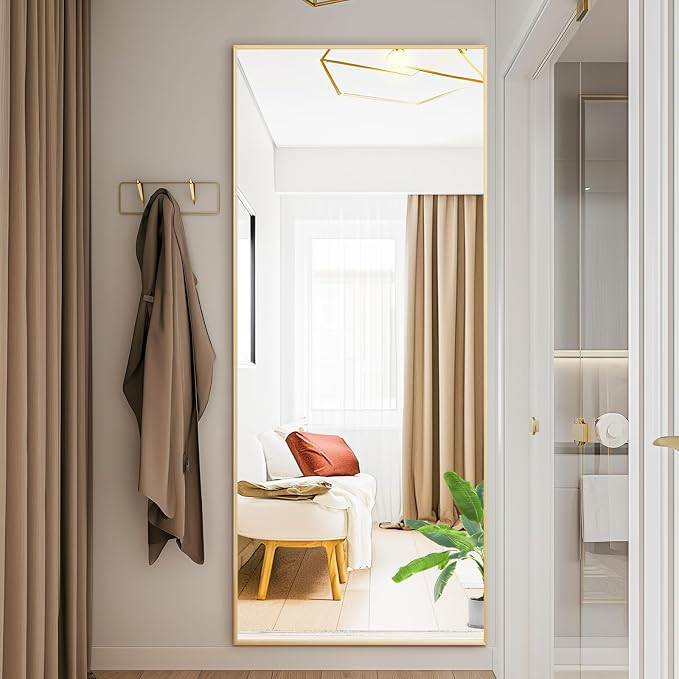 DUMOS 63"x20" Full Length Floor Mirror, Full Body Mirror | Free Standing or Wall Mount, Nano Glass Aluminum Frame, Hanging or Leaning, Modern Simple Home Decor, Gold