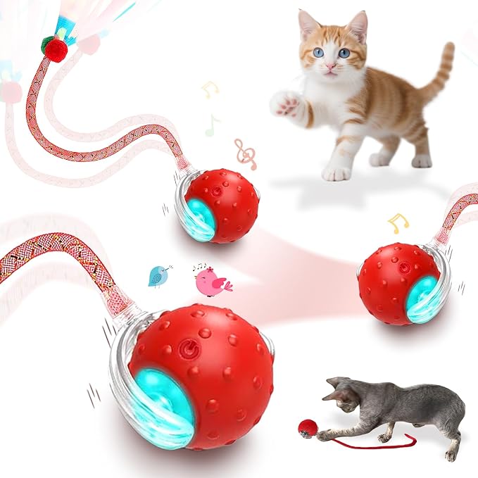 Interactive Cat Toys Smart Ball for Cats & Dogs! Now with 2 Rapid Tails. Features: 360°Auto-Rolling, Motion Activation& Bird Sounds. Perfect for Indoor Pet Exercise & Fun. (Blue)