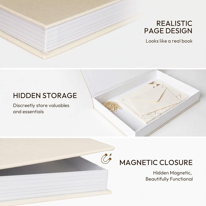 MAOBUYOU Decorative Storage Books Set of 2, Linen Cover, Gold Letters, Beige and Brown