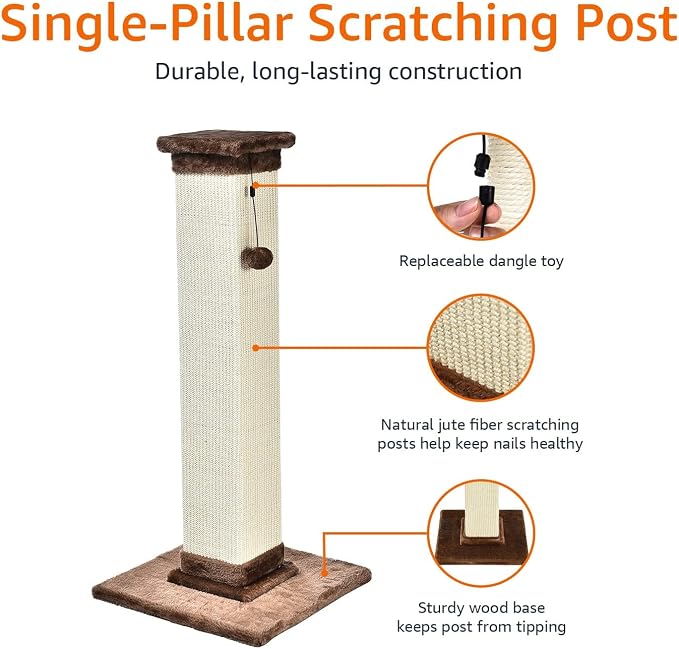Amazon Basics Sturdy Cat Scratching Post for Indoor Cats & Kittens, Classic Single Post with Sisal Rope, Jute Fiber, Wood Base, Large (35.4"H), Brown