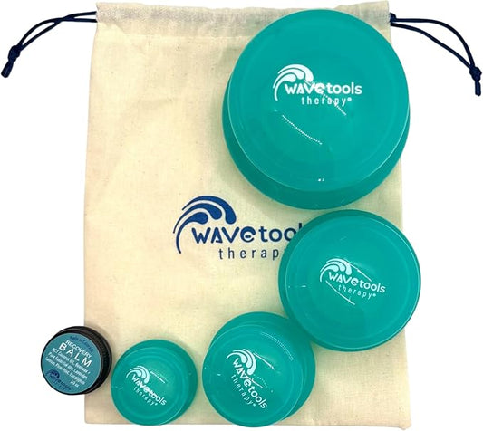 Easy Glide professional Silicone Sport Cupping set with 4 translucent teal silicone cups in cotton bag with 1/3 oz natural Balm. For massage, myofascial release, athletic recovery, cellulite and scars