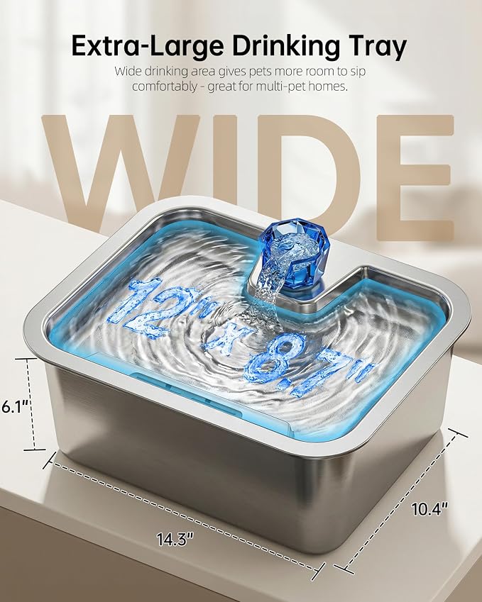 10L (2.64 Gallon) Dog Water Fountain with Silicone Mat, Stainless Steel Pet Water Dispenser with 6 Filters, Quiet Automatic Water Bowl for Large Dogs and Multi-Pet Homes, Easy to Clean