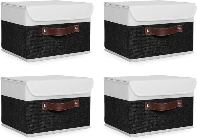 ANMINY Fabric Storage Box Bins with Lids, Black White, 10"x8"x7", 4 Pack | Keepsake Memory Storage, Cotton Linen, PP Board Reinforced, Washable, PU Handles, Foldable & Stackable, Decorative, Small