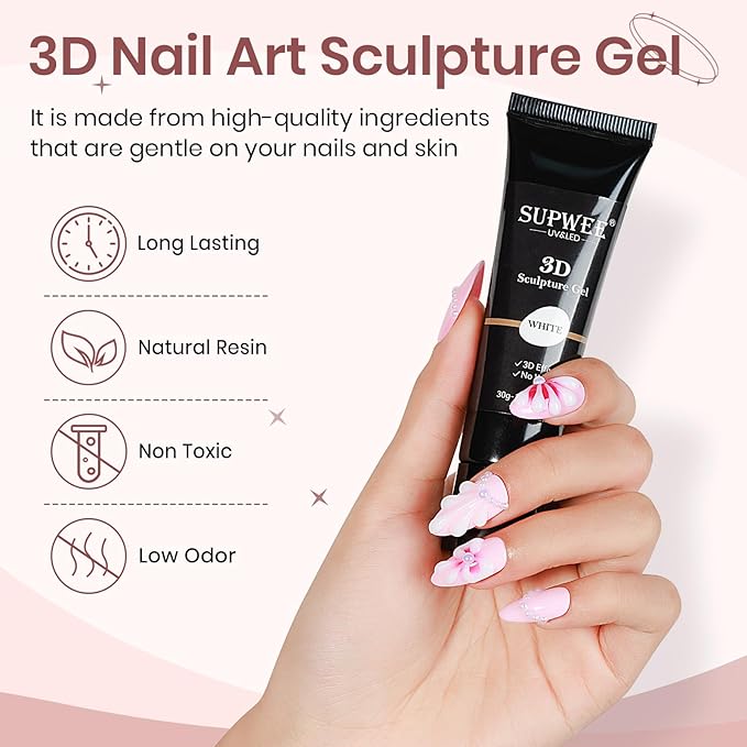 White Sculpting Gel for 3D Nail Art - 30g No Wipe Molding Gel for Charms, Rhinestone Decoration and Carving Designs