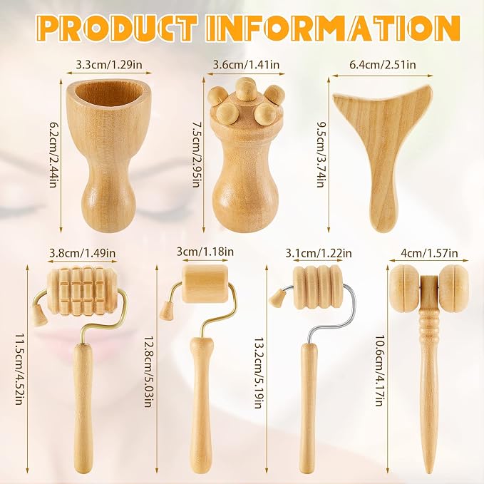 Boao 7 Pcs Wood Therapy Massage Tools Set, Wooden Face Massage Tool & Roller Kit for Lymphatic Drainage Care, At-Home Relaxation & Facial Care, Natural Wood