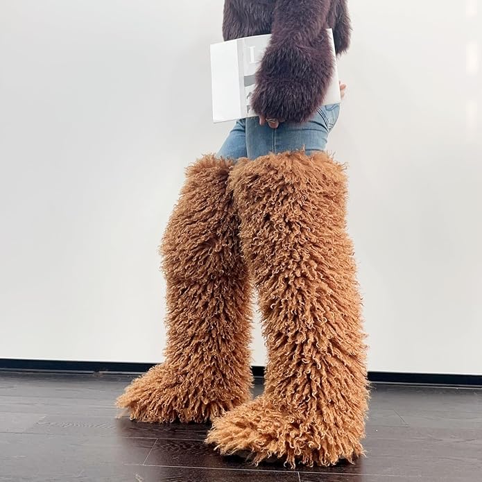 SWEETHEART BEAUTY Thigh High Shagy Teddy Fur Boots, 29 Inch Over the Knee Length Fluffy High Boots, Tall Furry Shoes For Women