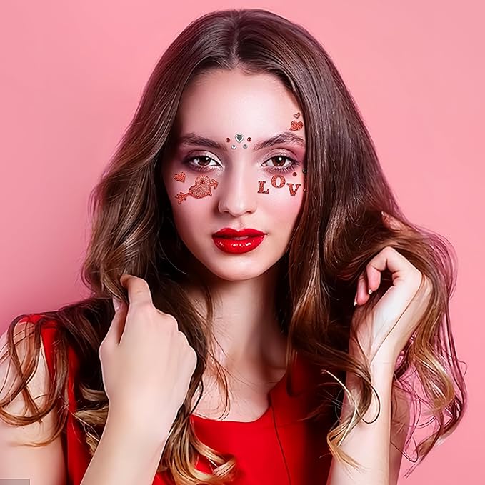 Valentine Face Gems Face Jewels Stickers Red Love Heart Lip Self Adhesive Eye Body Face Nail Hair Crystal Rhinestones for Makeup Festival Glitter Face Art Decor 2Sheets (style2)