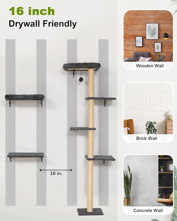 FUKUMARU Cat Wall Shelves Set, 70 inch Wall Mounted Tree, Grey | Kitten Scratching Post with Soft Cushion Perch, Space Saving Climbing Wall Furniture for 16 Inch Drywall