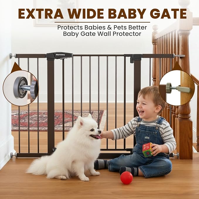 Mumeasy 29.7–48" Baby Gate for Stairs, Dog Gate for Doorways, Auto Close Child Gate, Indoor Safety Pet Gate with Walk Thru Door, Easy Install Pressure Mounted Extra Wide Gate for Kitchen, House, Brown