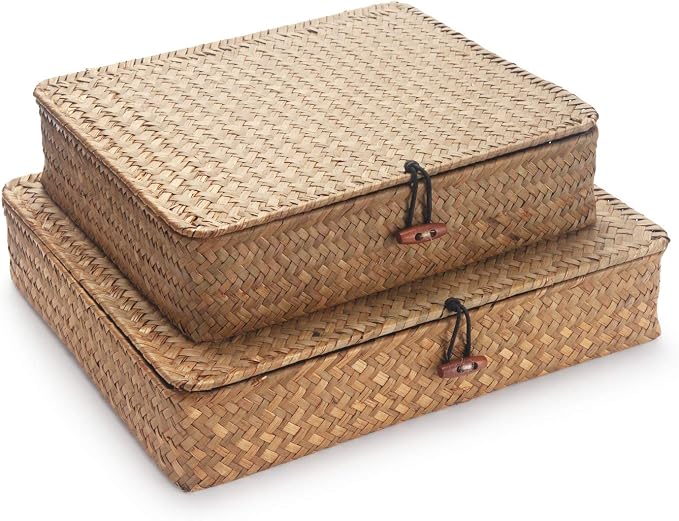 Flat Seagrass Storage Bins with Lid, Wicker Basket for Shelf Organize, Set of 2 (Small+Large)