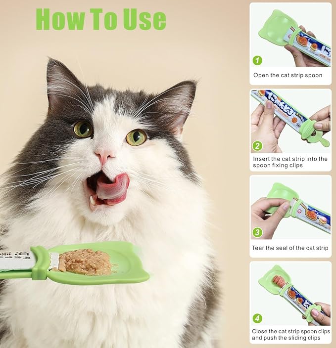 Idepet 4 Pcs Cat Strip Feeders Spoon,Cute Cats Treat Squeeze Spoons Pet Food Mixing Spoon Multifunctional Lickable Treat Feeding Dispenser for Cat Liquid Snack and Wet Food(Green&White&Yellow)