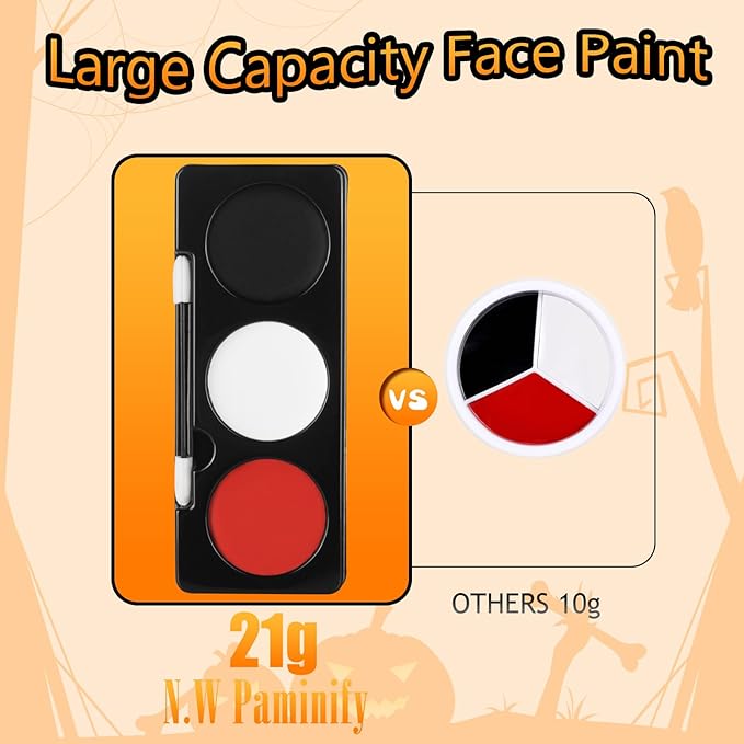 Black White Red Face Paint + 3PC Sponge + Brush,3 Colors Water-Based Red Body Paint Palette Kit for Devil Goths Joker Clown Vampire Skeleton,Halloween Cosplay SFX Makeup 21g