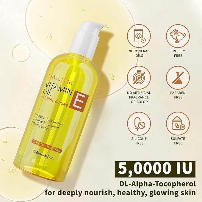MAYJAM Organic Vitamin E Oil 50,000 IU for Skin, Pure & Natural Vitamine oils for Scars Hair, Face, Nail, Scalp Bath and Body Oil, Tocopherol to Repair Damaged Skin, Moisturizing Dry Skin, 8 Fl Oz