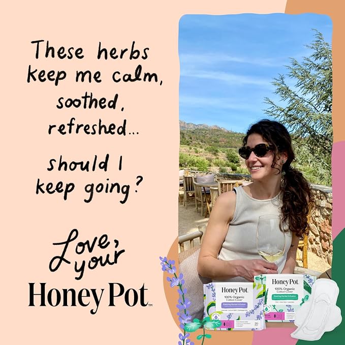 Honey Pot - Calming Long Panty Liners for Women - 100% Organic Cotton Top Sheet - Feminine Care - Non Cooling - Calming Herbs of Lavender, Ashwagandha, & Lemon Balm - 30ct