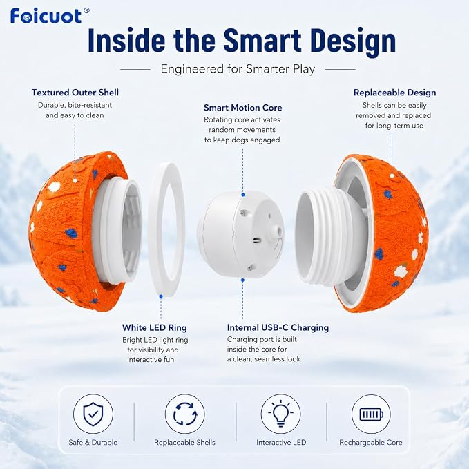 Interactive Dog Ball Toy, 3 Modes, LED, Sound & Vibration, USB-C