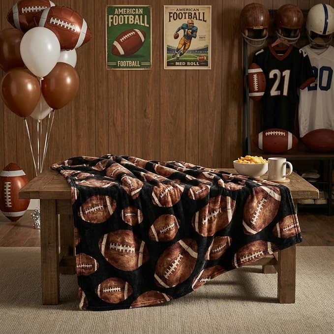 Horaldaily Football Black Flannel Throw Blanket 50x60 | All Season Using Ultra Soft Fuzzy Plush Cozy Non-shedding Blanket for Couch Sofa Bed Camping, Ideal Gift for Kids Adults
