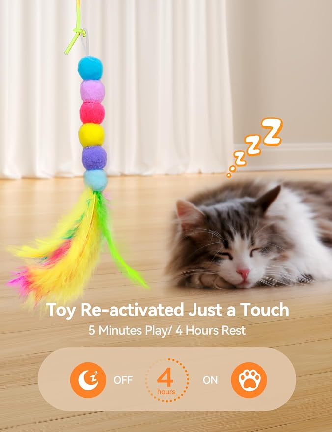FEELNEEDY Interactive Cat Toys, LED Light, 8 PCS Replacement Teaser with Bell Refills, Feather & Mouse Cats Toy, Hanging Cat Toys for Indoor Cats, for Bored Adult Kitten Exercise, Silver