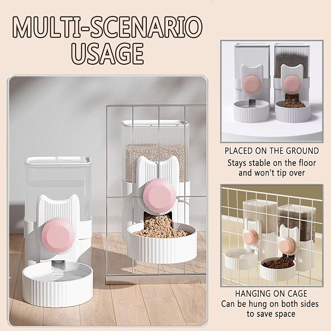 kathson Rabbit Feeder for Cage,Bunny Water Bottle,Pet Food Dispenser,Pink | Gravity Automatic Guinea Pig Feeder Waterer Set,Hanging Small Pet Food Bowl Feeding Station for Ferret Chinchilla Cat Puppy