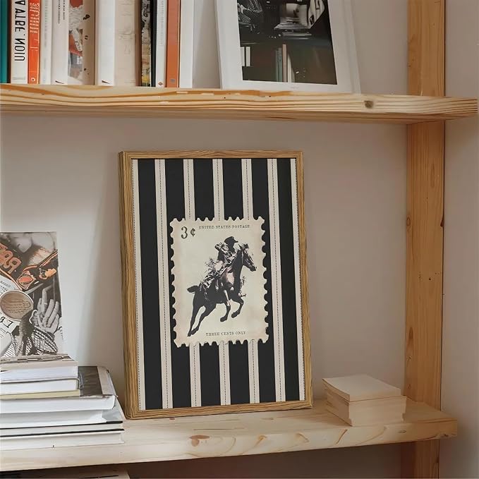 Vintage Western Cowboy Wall Art Black and White Striped Cowboy Riding Horse Wall Decor Paintings Mid Century Rodeo Southwestern Poster Canvas Print for Bedroom Living Room 16x24 inch Wood Framed