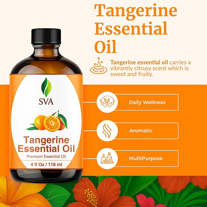 SVA Tangerine Essential Oil 4 Fl Oz – for Diffuser, Skin & Hair Care – Ideal for Massage & DIY Blends – with Dropper