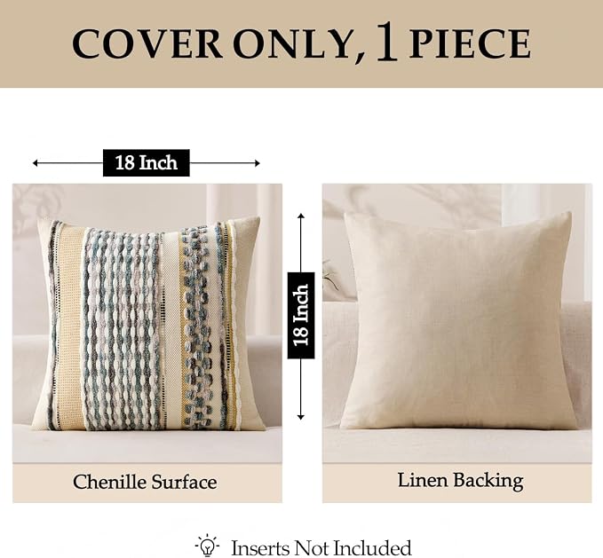 ANRODUO Boho Decorative Pillow Covers Gray Blue Stripe 18x18 Inch Pack of 1 | Throw Pillow Covers, Farmhouse Cushion Case, Chenille Pillow Cases, Pillow Covers, Accent Neutral Pillowcase for Couch Bed
