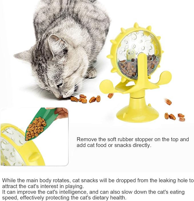 VINGVO Cat Treat Dispenser Toy, Interactive Cat Feeder 360 Degree Rotating Windmill Leaking Food Toy for Indoor Cats with Suction Cup Cat Camera Treat Dispenser Cat Treat Dispenser Toy