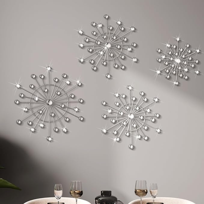 Blulu 4 Pcs Silver Wall Decor Bling Crystal Wall Art Cast Iron Rhinestones Sunburst Decor Metal Starburst Art Hanging Diamond Accents Decorative for Living Room Bedroom Entryway(Silver)