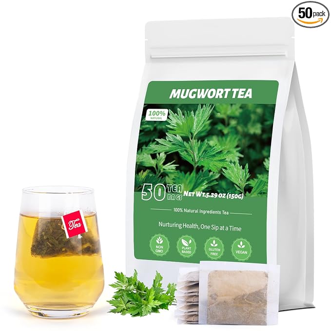 Mugwort Tea Bags, 50 Count, Dried Mugwort Leaves, Caffeine-Free Herbal Tea | Dried mugwort leaves, pyramid sachets, sugar & caffeine free, nightly relaxation, easy brewing