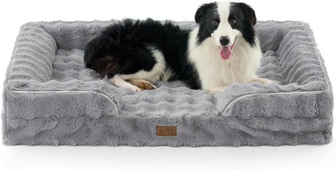 COZY KISS Faux Fur Orthopedic Dog Bed Washable for Extra Large Dogs, XXL | Soft Warm Pet Sofa with Sides or Bolster, Non-Slip and Big Dog Couch with Removable Waterproof Cover, 48x35 inch, Grey