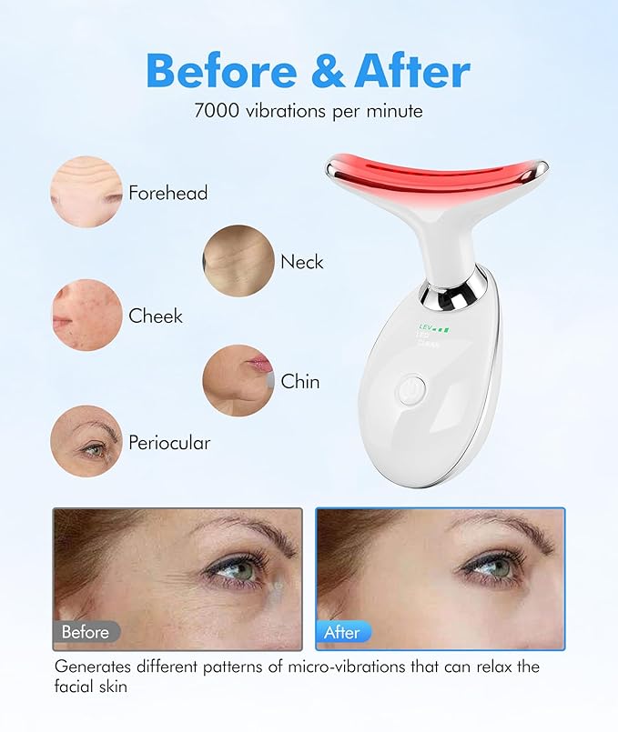SDKWDH Red-Light-Therapy-for-Face-and-Neck, 7 Color Face Massager Tool for Wrinkles, Double Chin, Vibrating Facial Massager with Thermals for Skin Care, Glossy White