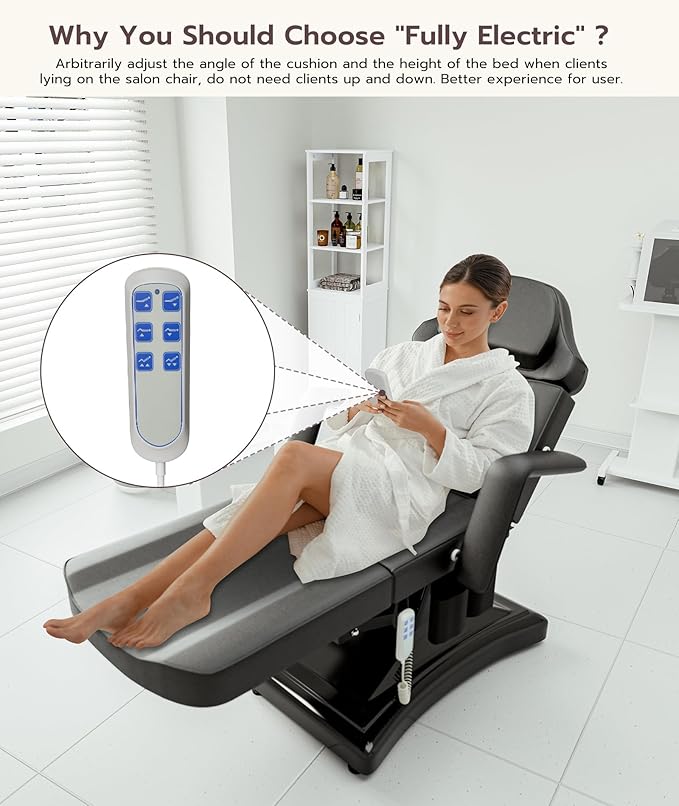 Icoget Fully Electric Tattoo Chair Esthetician Bed for Clients, 3-Motor Massage Table Adjustable Spa Facial Chair for Waxing, Lashing, Professional Aesthetics Bed for Salon, Black with Stool