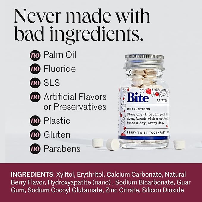 Bite Whitening Toothpaste Tablets – 2 Months – Fluoride Free, Nano Hydroxyapatite + Xylitol, Berry Twist – Vegan, Cruelty-Free, Made in USA, Sensitive Teeth, Travel Size, (2 Bottles, 124 Tabs)