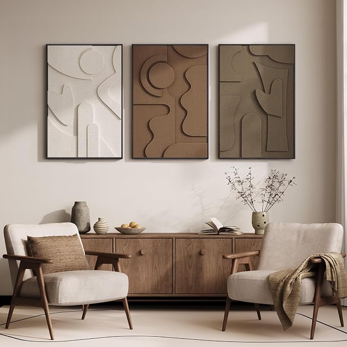 Large 3D Textured Framed Neutral Abstract Wall Art for Living Room, 3 Piece | Solid wood frames, sculptural relief forms, warm earth tones, ready to hang, big size 24x36 in, wall decor for bedroom office